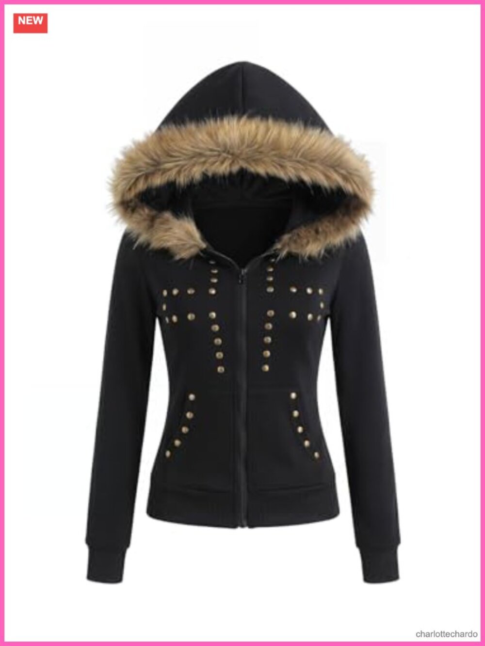 Faux Fur Fuzzy Zip Up Hoodie Y2k Rivet Long Sleeve Sweatshirt Jacket